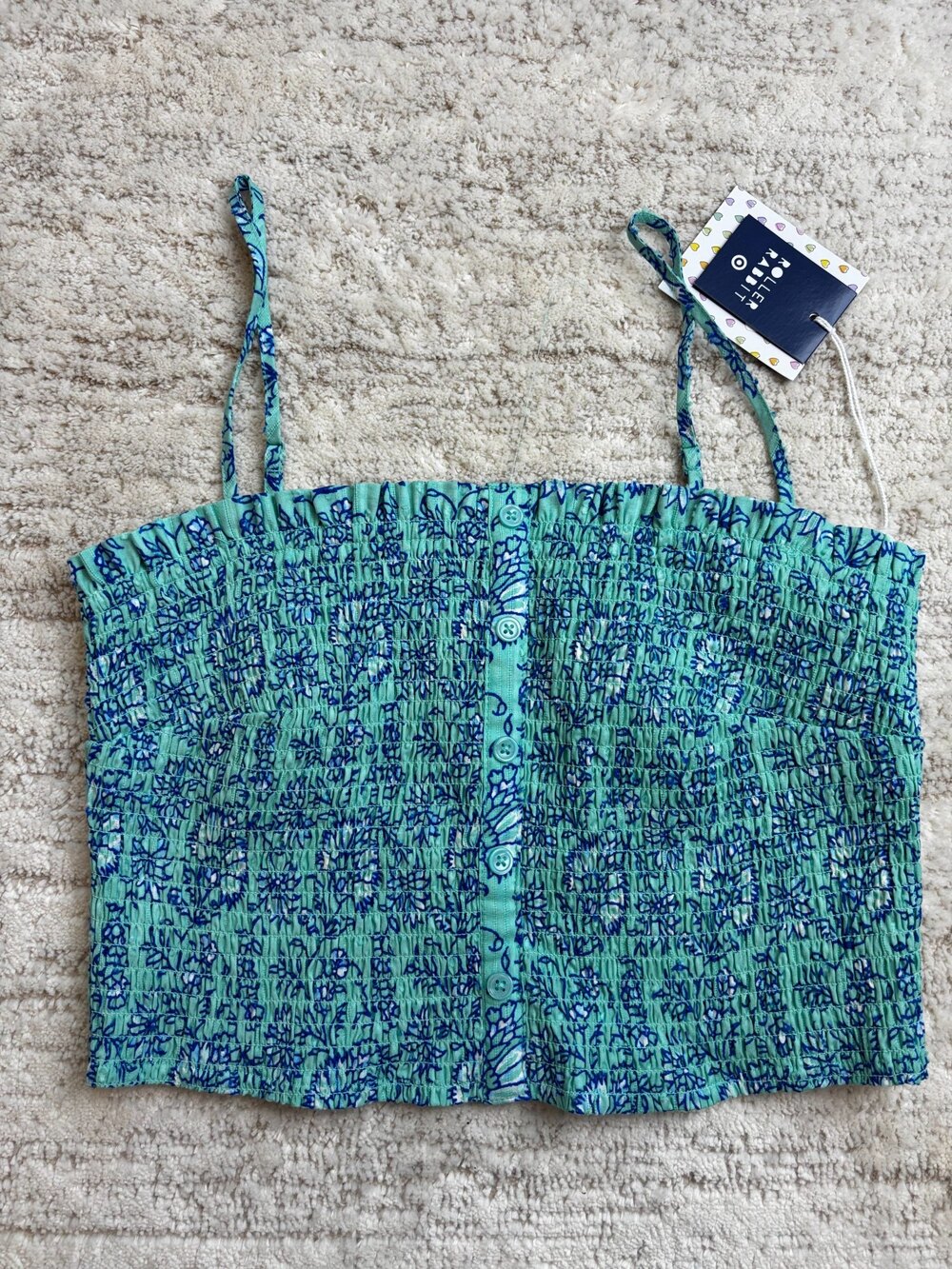 NWT Roller Rabbit Floral Smocked Button Crop Top Teal Blue M
